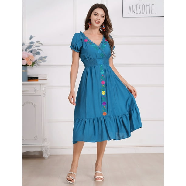 Idopip Women Mexican Dress Floral Embroidery V Neck Short Puff Sleeve Traditional Fiesta Dresses Idopip Women Mexican Dress Floral Embroidery V Neck Short Puff Sleeve Traditional Fiesta Dresses