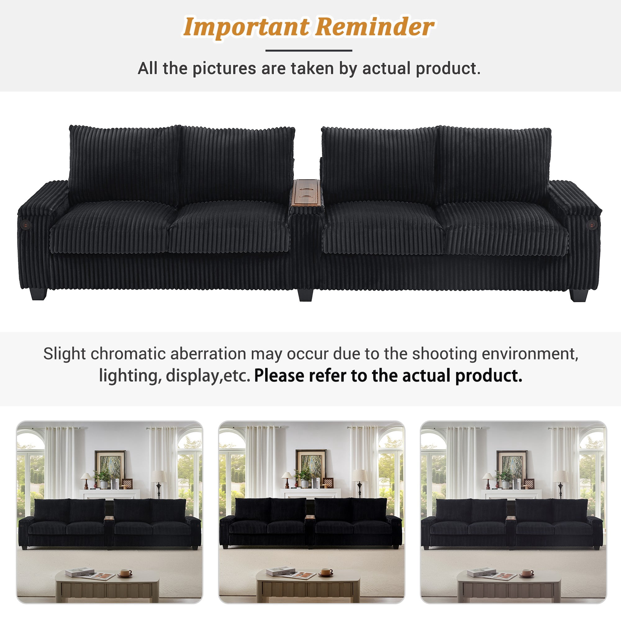 133" Modern Sofa,4-seater Corduroy Sofa Couch with USB Ports,Hidden Storage Arms, Flip-Top Cup Holders for Living Room,Black