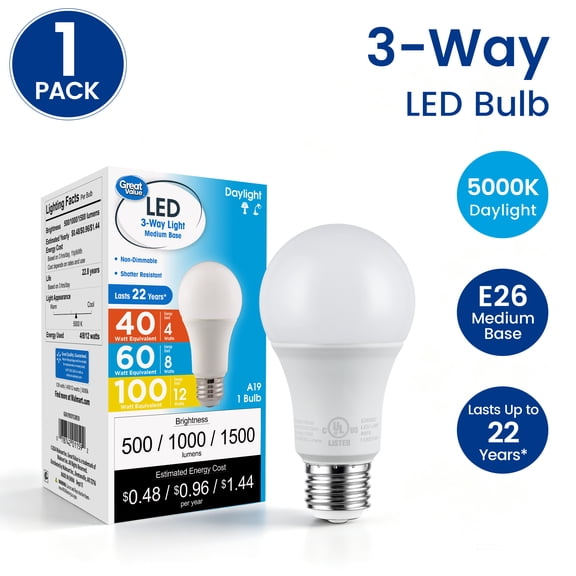 Great Value A19 3-Way LED Light Bulb, Daylight 40/60/100W Equivalent, E26 Medium Base, 1 Count