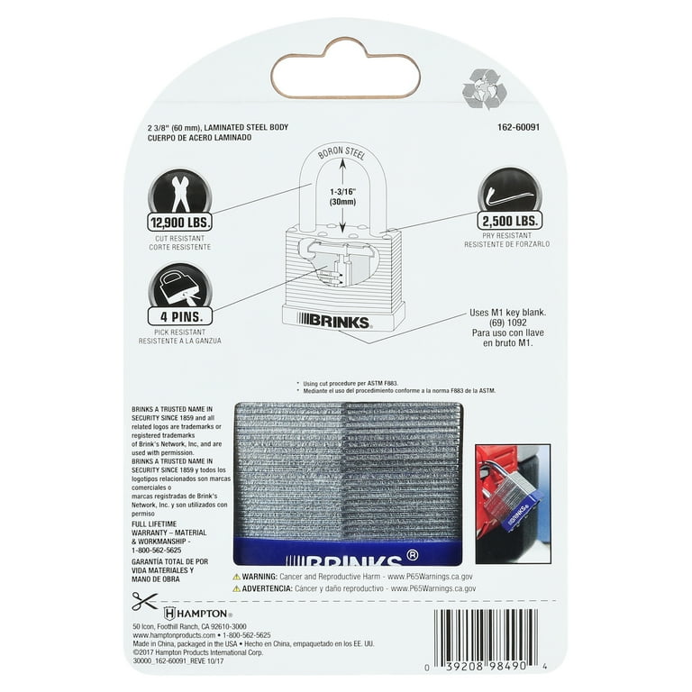 Brinks Laminated Steel 60mm Keyed Padlock with 2in Shackle