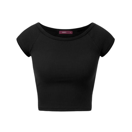 Neck Kit - Doublju Women's Shortsleeve Round Neck Ribbed Knit Crop Top