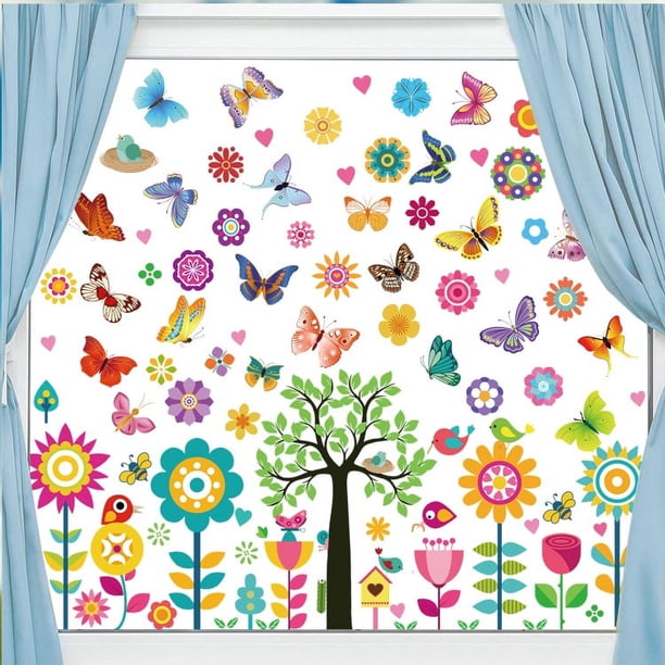 Pegatinas de primavera para ventanas, pegatinas para ventanas, pegatinas anticolisión con flores y mariposas para habitaciones infantiles, decoración de primavera para ventanas de cristal