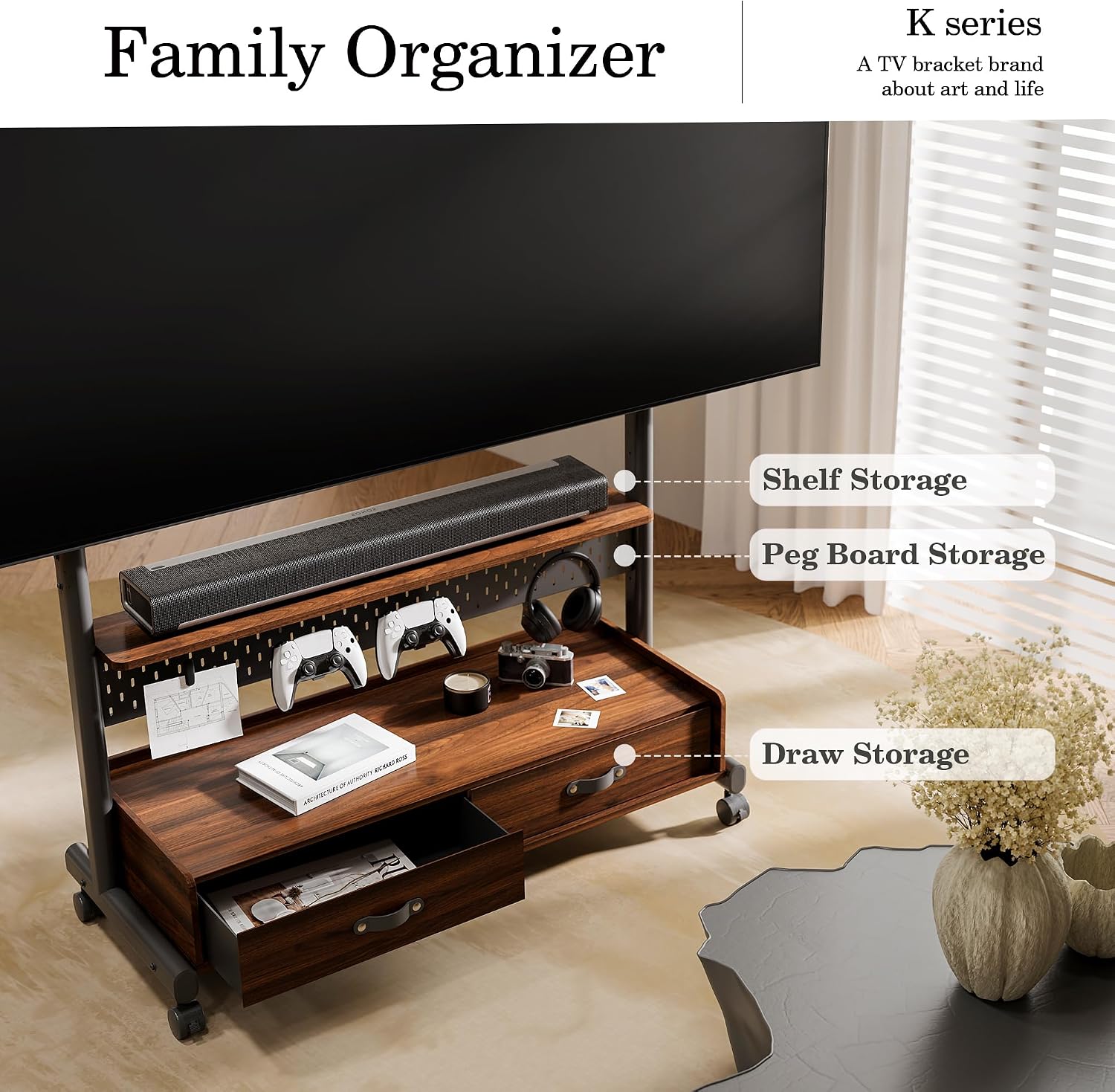 FITUEYES Rolling TV Stand for 70–100 Inch TVs, Black & Walnut, Drawers & Pegboard