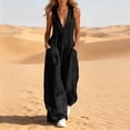 thumbnail image 2 of Women's Fashion Casual Solid Color Deep V Halter Neck Sleeveless Jumpsuit Ruched Detail Pockets Long Pants One Piece Black M(M), 2 of 7
