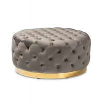 Baxton Studio Sasha Glam and Luxe Grey Velvet Fabric Upholstered Gold Finished Round Cocktail Ottoman