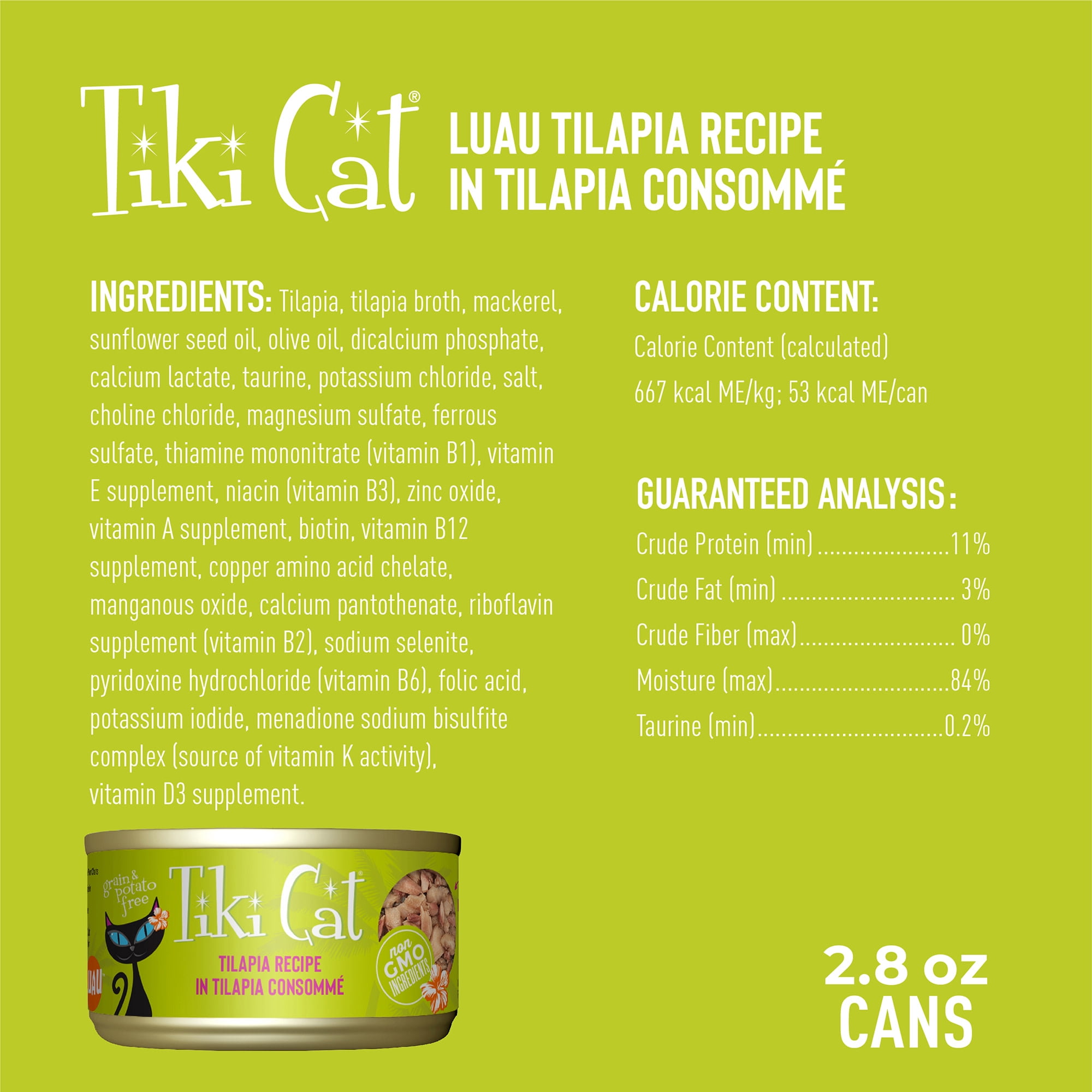 (6 pack) Tiki Pets Luau Tilapia Wet Dry Cat Food Grain-Free 2.8 oz Can