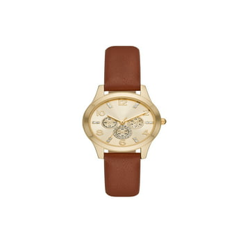 Time and Tru Women's Gold Tone Crystal Accent Watch with Faux Leather Strap