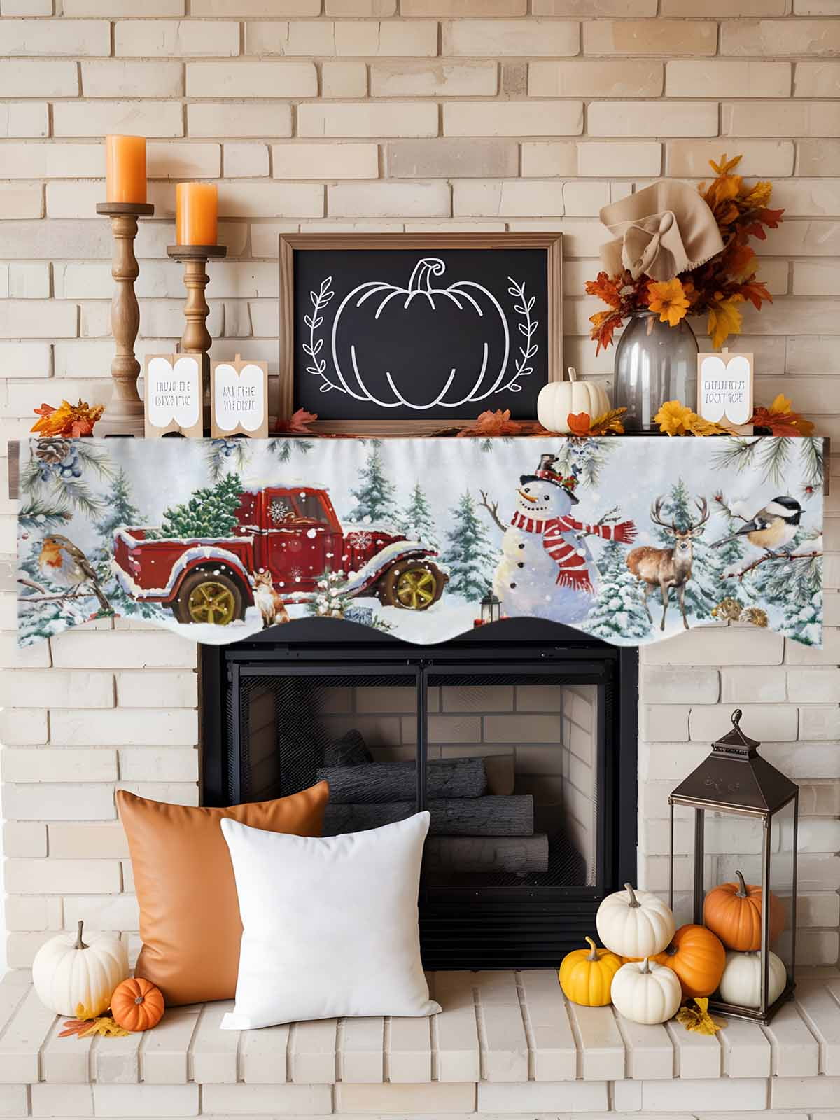 Christmas Fireplace Mantle Scarf Xmas Snowman Truck Pine Tree Leaf Animals Blue Snow Mantel Cover Runner Fireplace Cloth for Holiday Party Home Living Room Decor 70 x 17 Inch