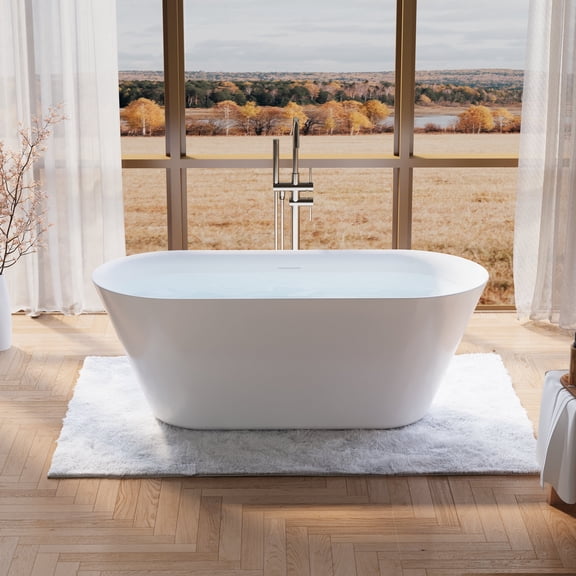 ANGELES HOME 63" Freestanding Acrylic Bathtub Contemporary Soaking Tub, Glossy White Acrylic Bathtub with White Bathtub Drain and Integrated Slotted Overflow, Predrilled Drain Holes