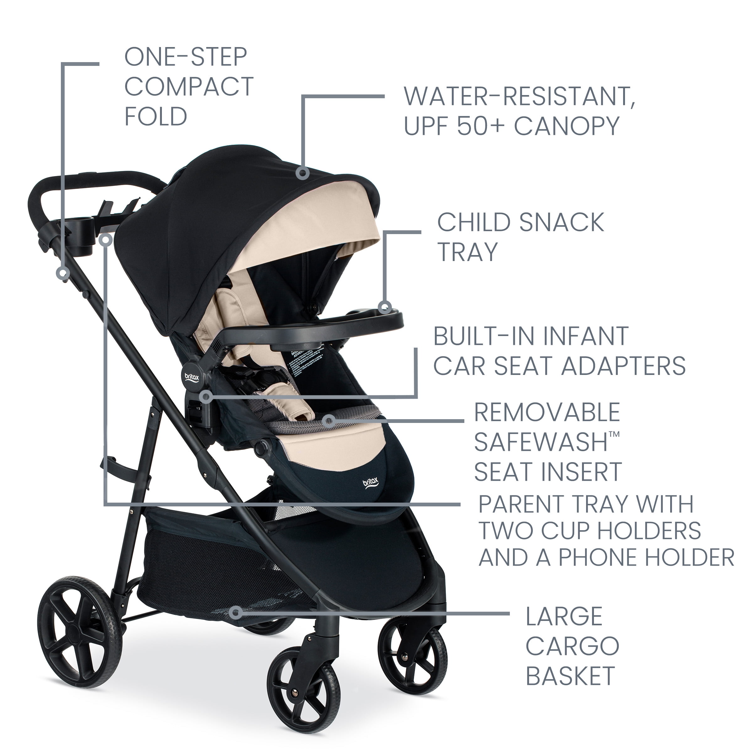 Britax Willow Brook S+ Baby Travel System, Infant Car Seat and Stroller Combo, Sand Onyx, 43 lb.