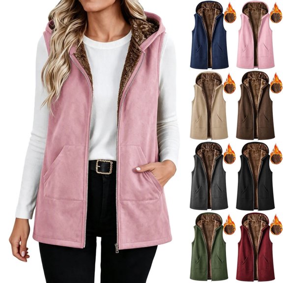 KICILVS Fleece Lined Vest for Women Warm Winter Casual Waistcoat Hooded Full Zip Sleeveless Jacket with Pockets
