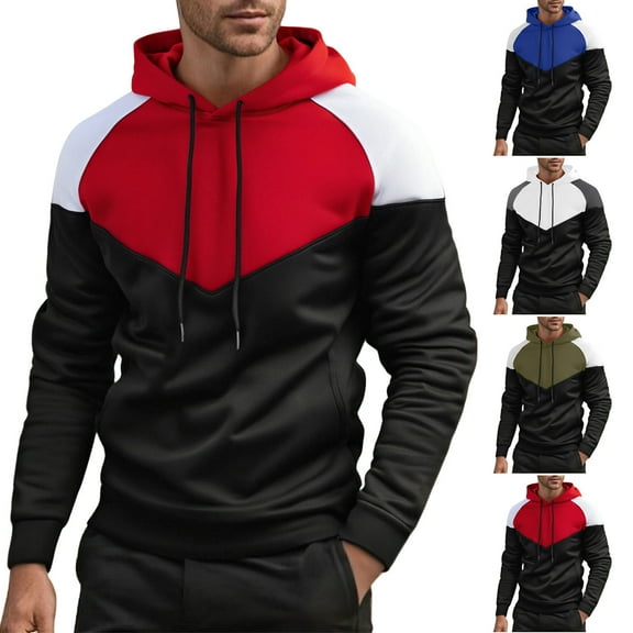CFLVAEK Hoodies Pullover for Men Fashion Color Block Graphic Hoodie Sweatshirts Casual Long Sleeve Hooded Sweatshirt with Pockets Blue S