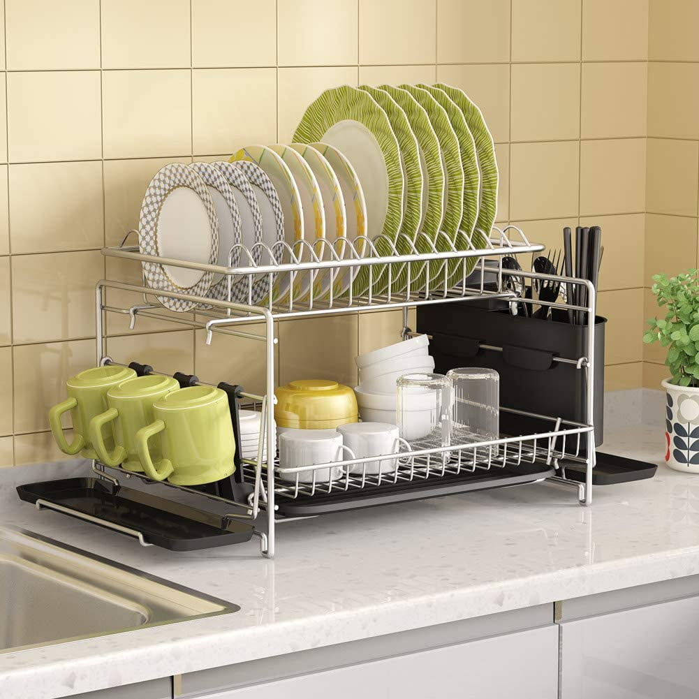 2 Tiers Large Capacity Dish Rack w/Utensil Holder Drainer Drying Kitchen Storage 