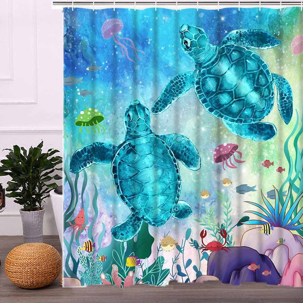 Blue Happy Sea Turtle Family Hawaiian Fabric Shower Curtain 