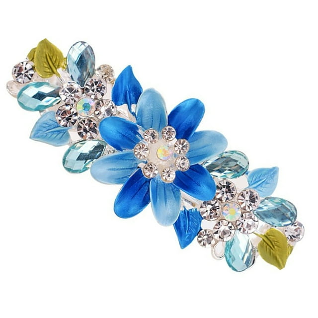 Wweixi Flower Barrettes Fashionable Crystal Hairpin Accs Spring Hair Clips Elegant blue 1Set