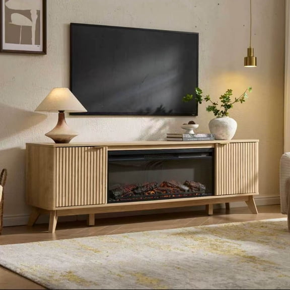 KeyWhat 70" Mid-Century Modern Low Profile Fireplace TV Stand, 36" Electric Fireplace, Fits TVs up to 80", Fluted Doors & Adjustable Shelves, Natural Oak