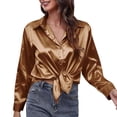 thumbnail image 2 of Women's Long Sleeve V-Neck Satin Silk Button Down Loose Tunic Office to Out Shirt, 2 of 5
