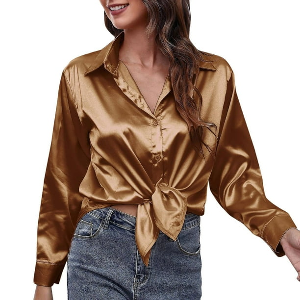 Camisa de manga larga de satén para mujer - Blusa de imitación de seda con ribete en contraste - Moda europea americana para el trabajo/vestir informal
