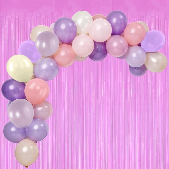 50Pcs 12 Inch Purple Sand White Macaron Orange Pink Balloons and 2 Pack Macaron Purple Streamer 3.2 x 6.56 FT for Birthday Wedding Baby Bridal Shower Party Decorations