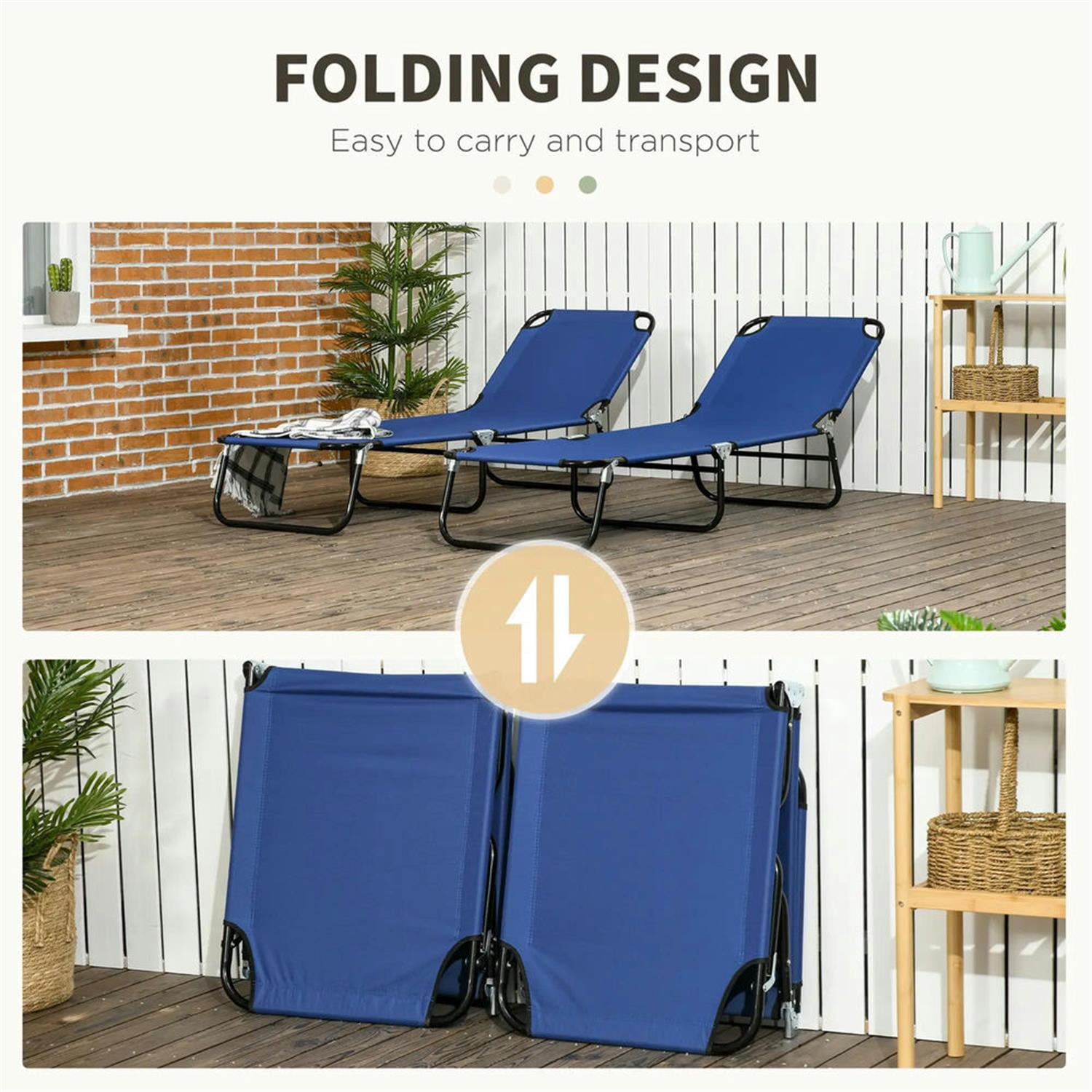 Demi Bonn 2-Piece Outdoor Collapsible Chaise Loungers with Steel Frame, 5-Position Reclining Folding Beach Chairs for Yard, Patio, Blue