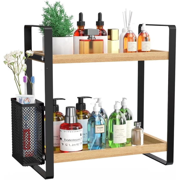 2-Tier Wood Bathroom Counter Organizer with Basket,Waterproof Vanity Perfume Skincare Storage for Bathroom, Kitchen, Dresser