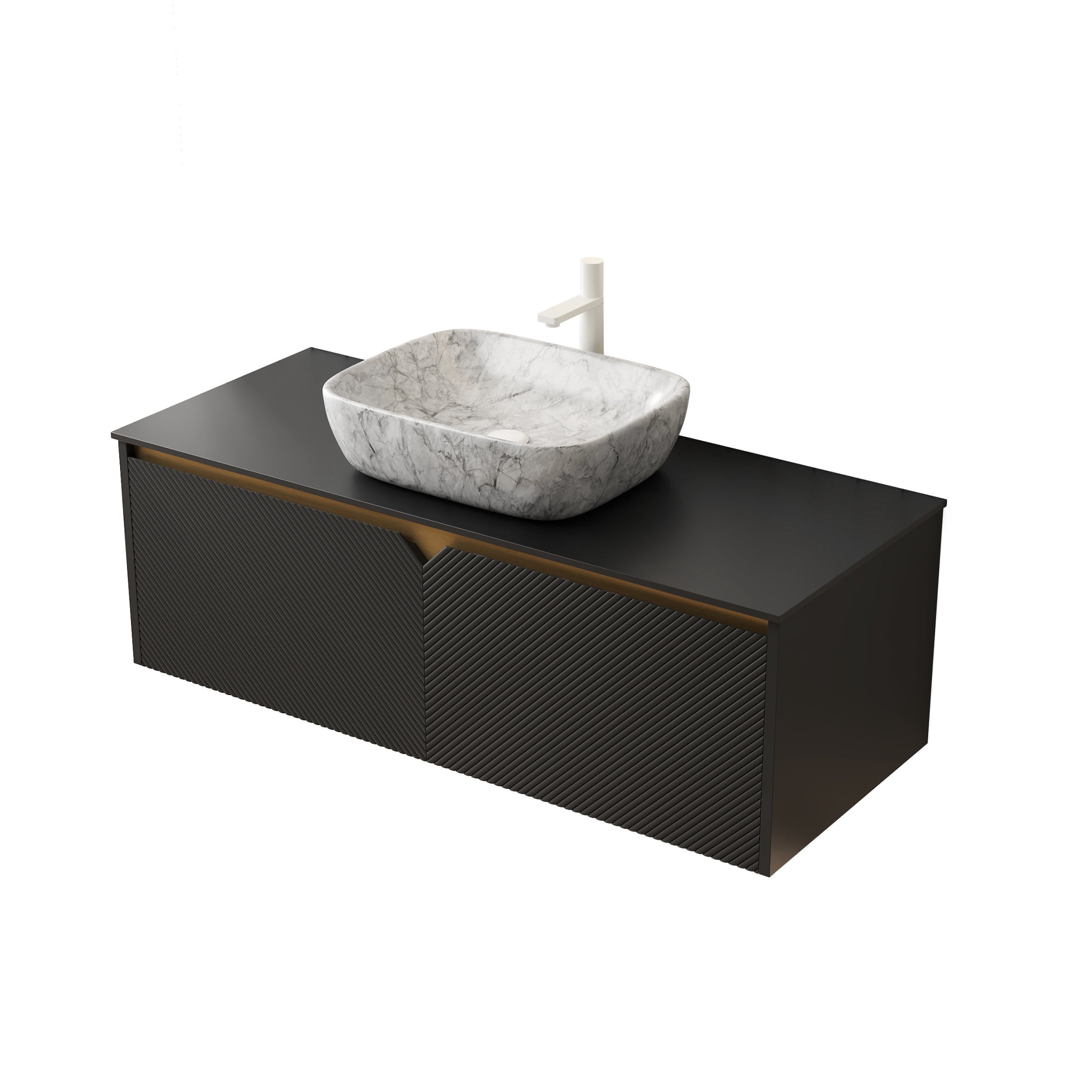 Noble House RUBEN 48" Floating Bathroom Vanity, Sintered Stone Top Cabinet with Gray Stone Ceramic Vessel Sink, Black