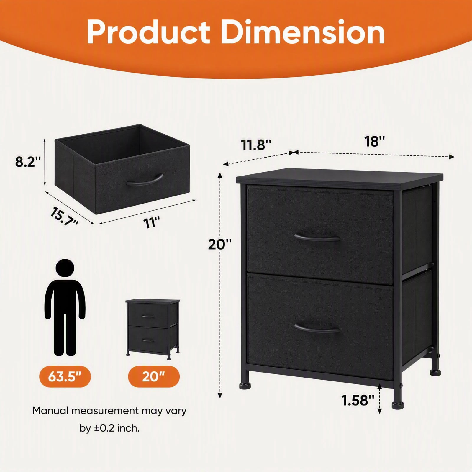 Telyra Fabric Nightstand with 2 Drawers 20" Bedside Table with Wood Top and Steel Frame Small Storage Organizer, Black