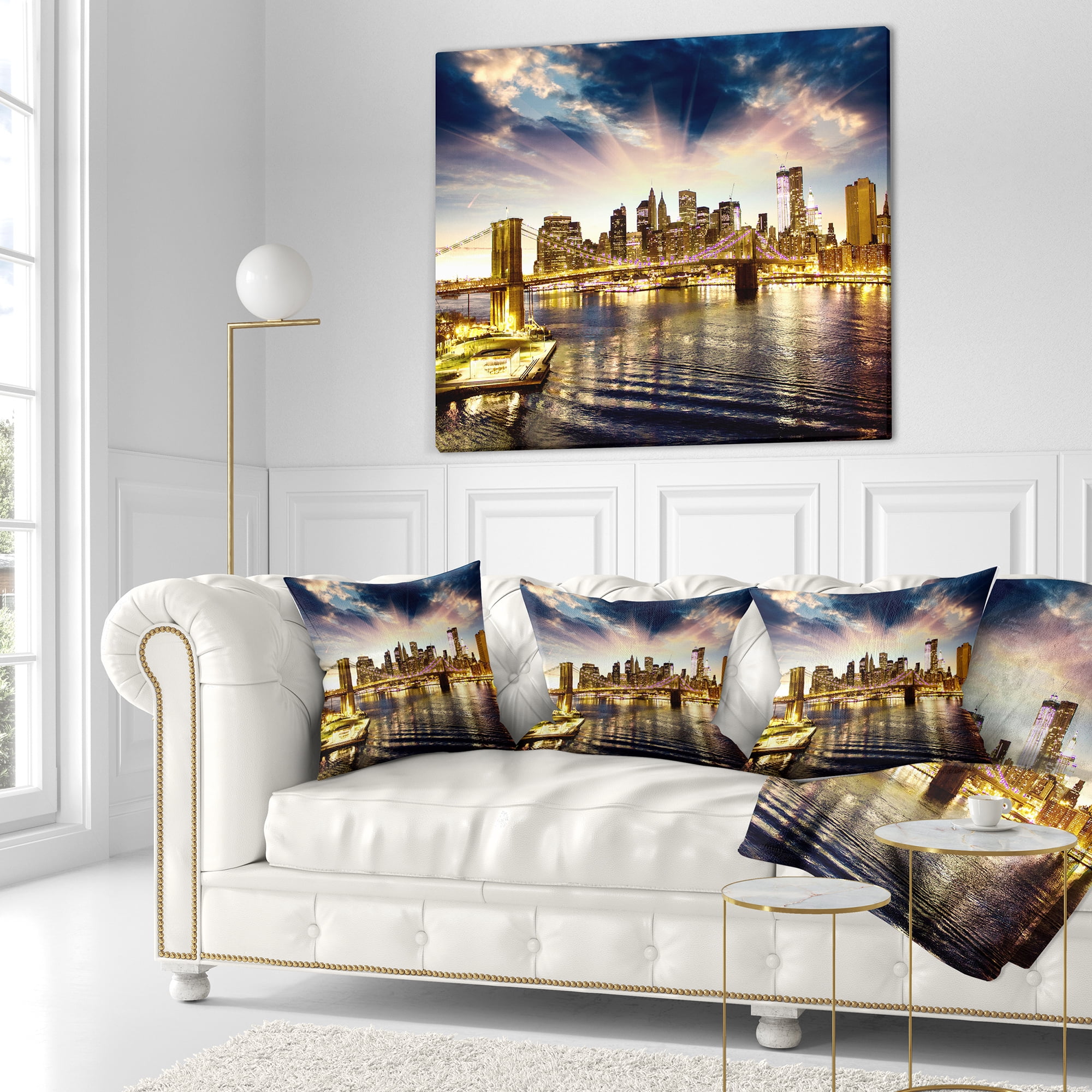 Designart Brooklyn Bridge and Manhattan Skyline - Cityscape Throw Pillow - 16x16