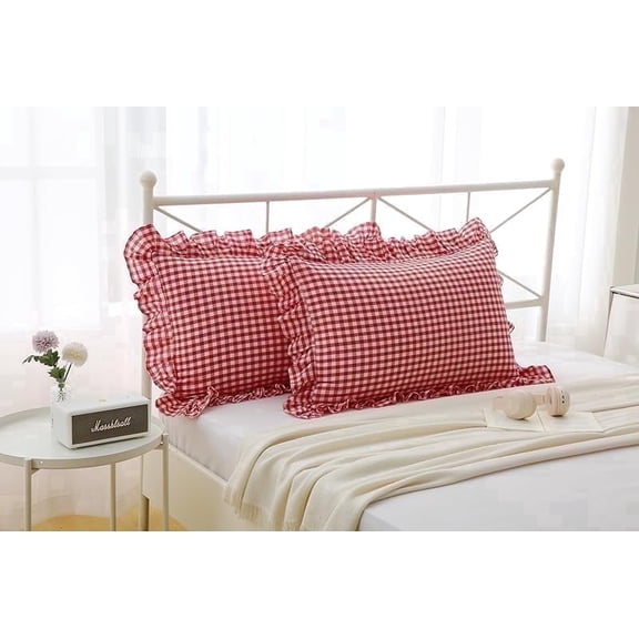 Red White Plaid Ruffles Pillow Shams Checkered Pillowcases Gingham Standard Twin Size Pillow Cases Washed Cotton Farmhouse Cottage Pillow Covers for Bed/Sofa(20"X26",Red/White Plaid),2-Pack