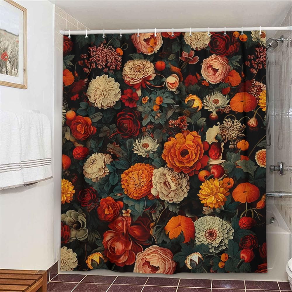 Floral Shower Curtain, Vintage Floral Shower Curtain Set Red Flower Plants Bathroom Curtain, Boho Floral Shower Curtain Set with Hooks for Bathroom Decor 72X78 Inch