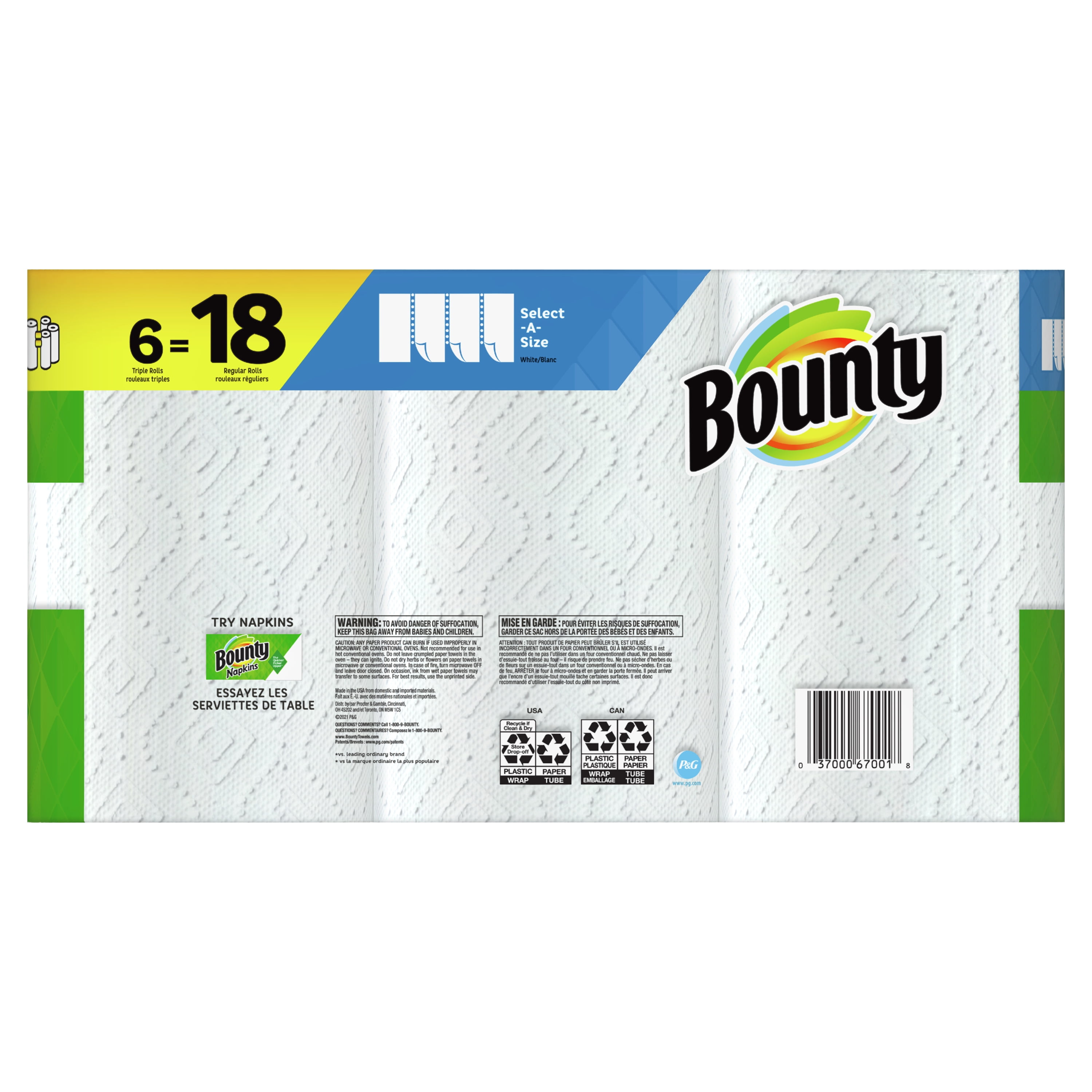 Bounty Select-A-Size Paper Towels, White, 6 Triple Rolls Free & Fast  Shipping