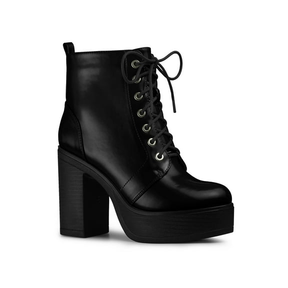 BLISSFUL STEP Women's Boots Platform Lace Up Chunky Heel Western Combat Boots Black 7.5