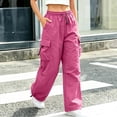 thumbnail image 4 of DeHolifer Womens Cargo Pants Plus Size Solid Color Elastic Waisted Casual Ttrousers with Pocket Hot Pink L, 4 of 7