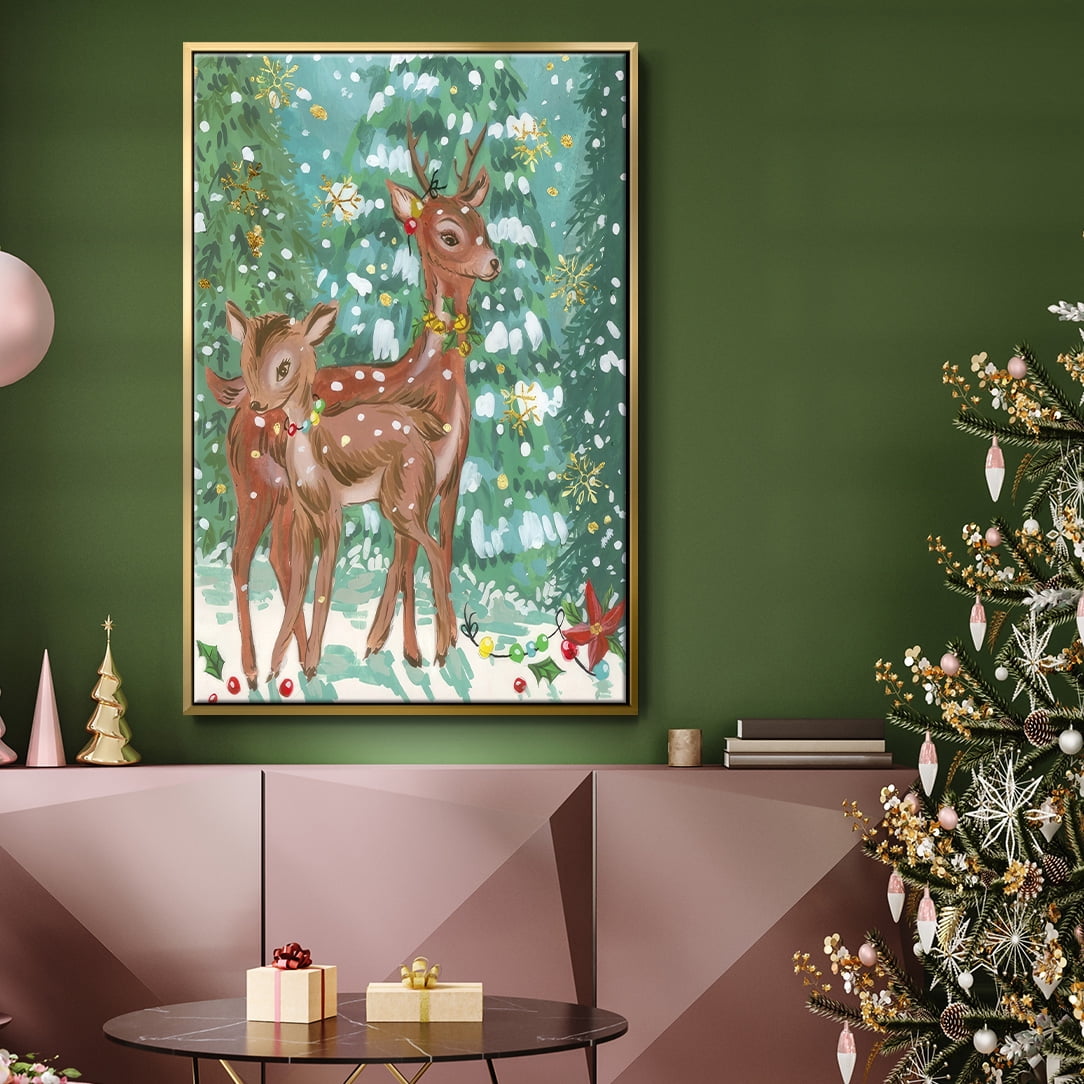 Doe and Fawn II - Framed Gallery Wrapped Holiday Canvas - 27 x 41 - Gold Frame