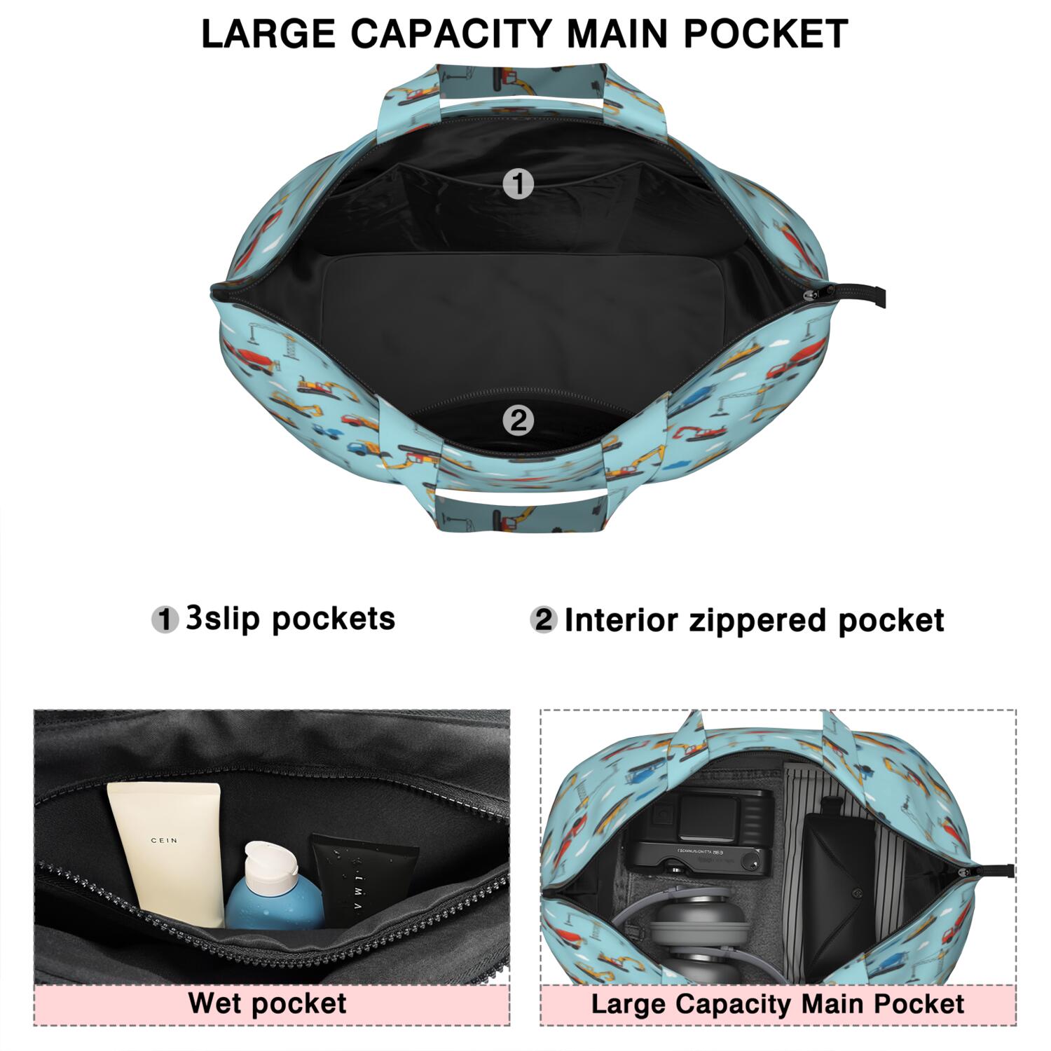 Cartoon Construction Vehicles Cranes Blue Pattern Travel Tote Bags for Women Carry On,Large Weekender Bags for Women Travel,Multi Functional Duffle Bag for Work,Shopping,Sports