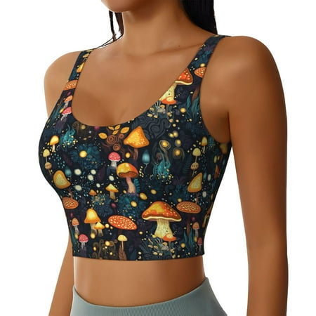 Picia Colorful Plants Mushroom Sports Bra for Women Padded Strappy Sports Bras Medium Support Yoga Bra with Removable Cups Running Yoga Bra-Large