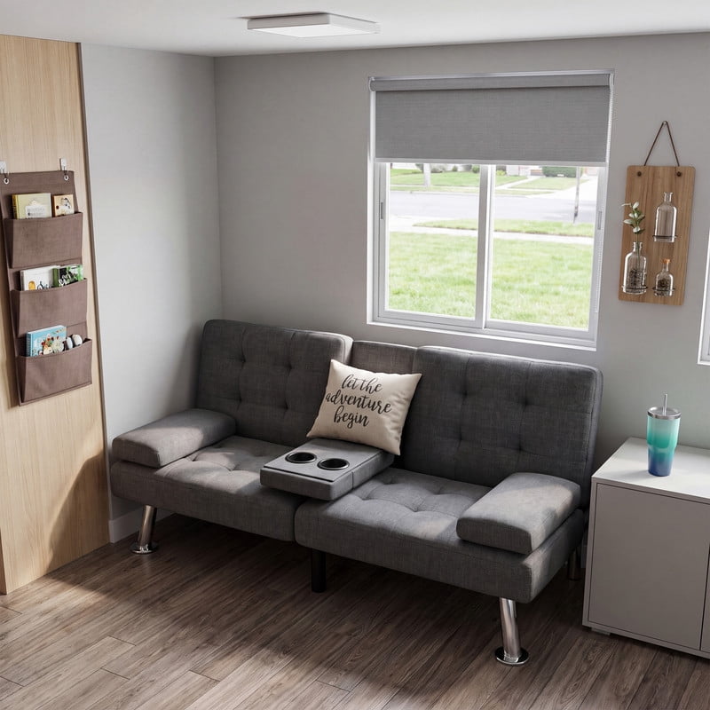 Lacoo Futon Sofa Bed, Linen Convertible Couch Sleeper Sofa, Cup Holders, Small Spaces,Drak Gray