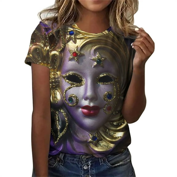 ICHUANYI Women's T-shirt Mardi Gras Fashion Casual Short Sleeve Print Crew Neck Tops Cloth New Trending