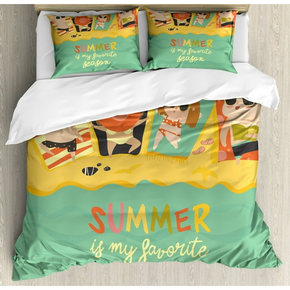 Saying Duvet Cover Set King Size, Summer is My Season Lettering Sunbathing Children Beach Funny Holiday Doodle, Decorative 3 Piece Bedding Set with 2 Pillow Shams, Multicolor, by Ambesonne