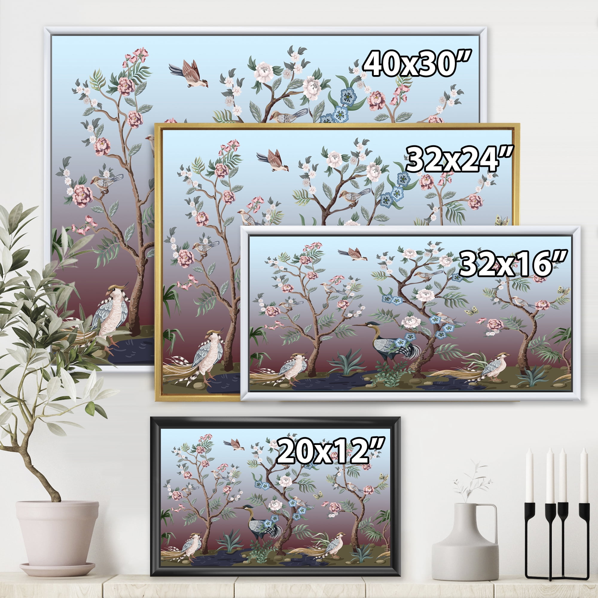 Designart 'Chinoiserie With Peonies and Birds XI' Traditional Framed Canvas Wall Art Print
