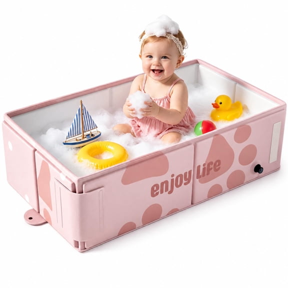 Wonderstone Portable Foldable Bathtub, Rectangle Baby Shower Tub with Drainage Design, Beach Vacation Travel Essentials for 1-3 Kids Toddler (Pink)