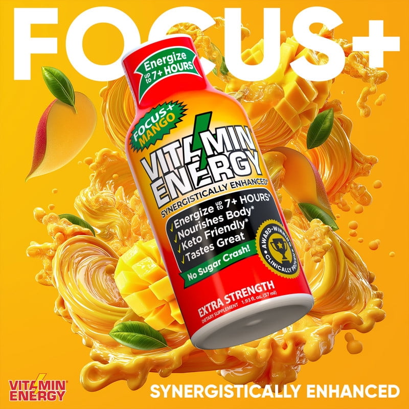 Vitamin Energy Focus+ Extra Strength Shot, Mango, 24 Pack – 260mg Natural Caffeine, CoQ10 & B-Vitamins, Zero Sugar, 1.93 fl oz