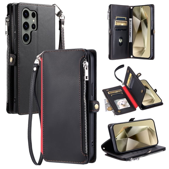 ELEHOLD for Samsung Galaxy S23 Ultra Case, Full Body Protection Crossbody Flip Zipper Credit Card Slot Wallet Case Kickstand Shockproof Leather Case with Shoulder Strap and Wrist Strap, Black