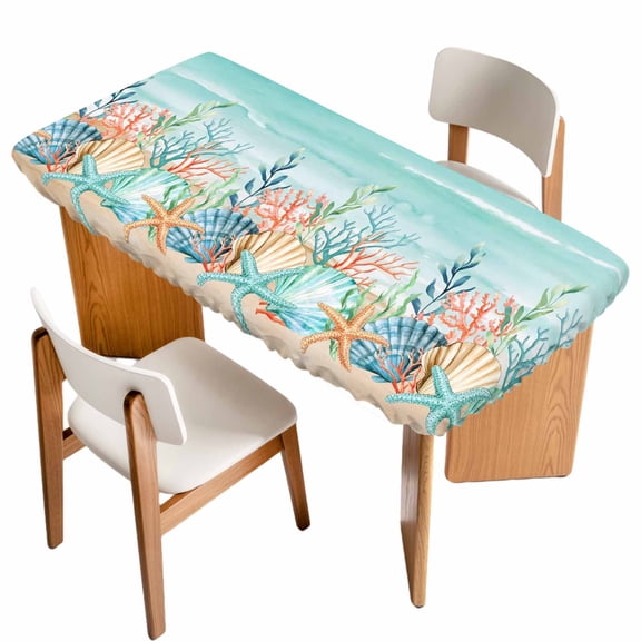 Coastal Beach Table Cloths for 3 Foot Rectangle Tables, Ocean Wave Summer Sea Starfish Coral Teal Beige Patio Waterproof Elastic Fitted Tablecloths, Washable Rectangular Table Cover for Camping