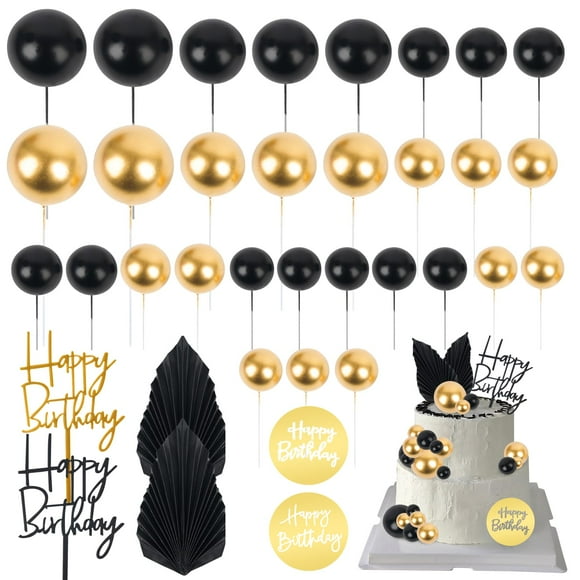 36 Pcs Mini Décoration de Gâteau Boule Insert Cupcake Acrylique Décoration de Gâteau pour Mariage Boho Noir Anniversaire Baby Shower (Noir Or)