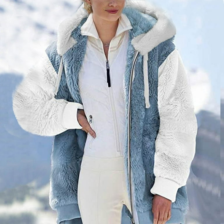 JERDAR Coats Women Long Sleeve Full Zip Polar Soft Fleece Winter Fuzzy Fleece Jacket Hooded Color Block Patchwork Cardigan Coats Outerwear with Pockets Light Blue L - Walmart.com