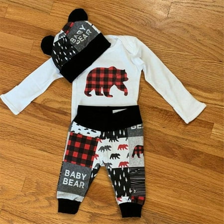 

IZhansean 3PCS Newborn Baby Boys Girls Baby Bear Clothes Romper Pants Hat Outfits Winter White 0-6 Months