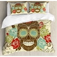 thumbnail image 1 of Sugar Skull Decor King Size Duvet Cover Set, Skull and Roses Colorful Vintage Composition Smiling Gothic Face Artistic, Decorative 3 Piece Bedding Set with 2 Pillow Shams, Multicolor, by Ambesonne, 1 of 3