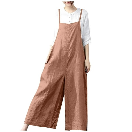 Overall Jumpsuit for Women, Wide Leg Pants for Women Loose Fit Summer Cotton Linen Spaghtti Straps Jumpsuit with Pockets Items Under $10 Best Deals Today On Clearance #1