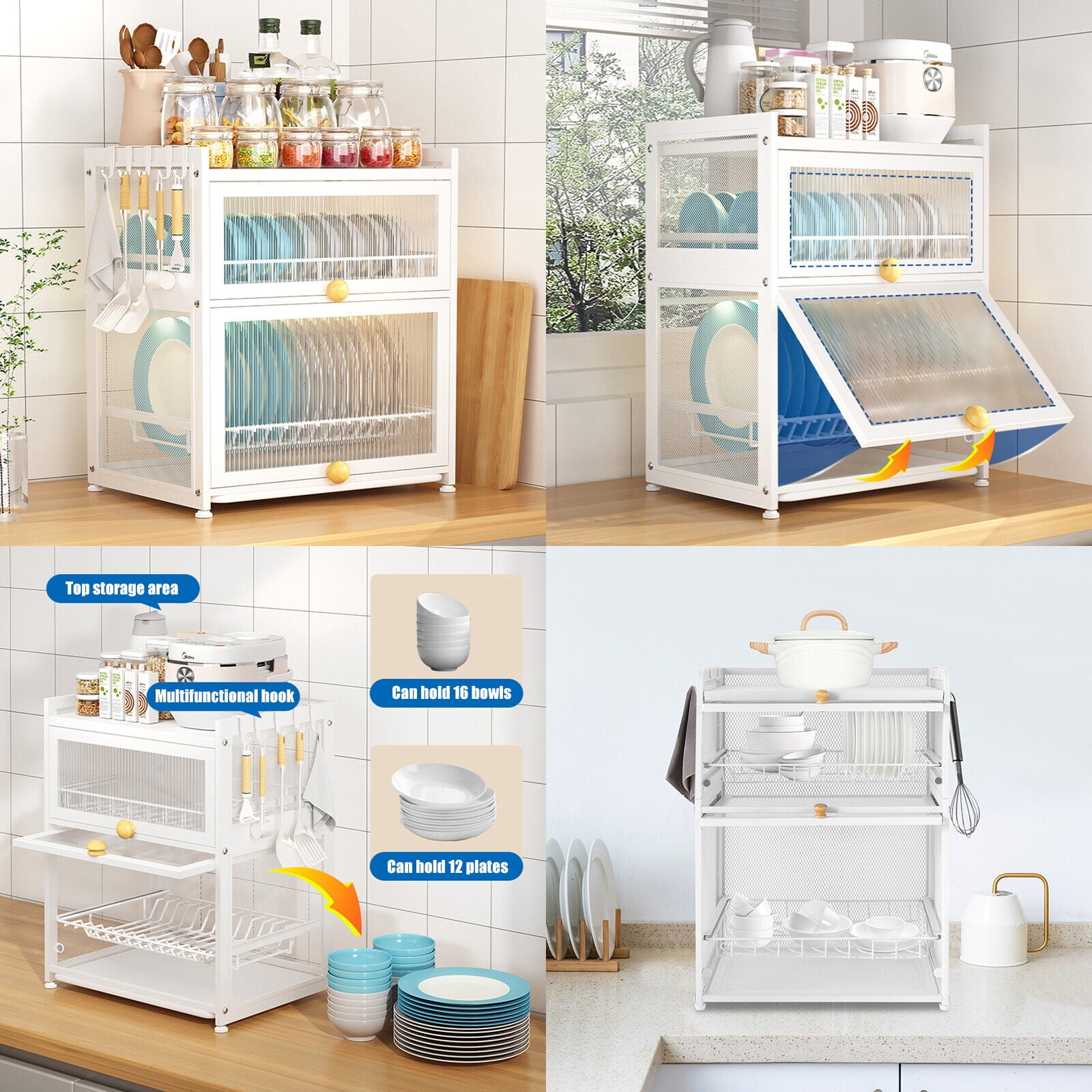 3 Tier Dish Drying Rack Dish Storage Cabinet with Door, Free-Standing Kitchen Plate Cup Dish Drying Rack Tray Shelf Storage Holder Organizer House Ware Dish Organizer for Home Kitchen (White)